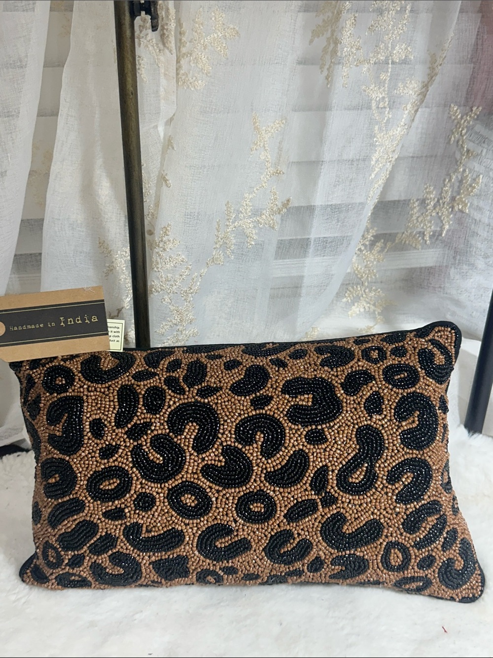Made in India beaded leopard decor pillow